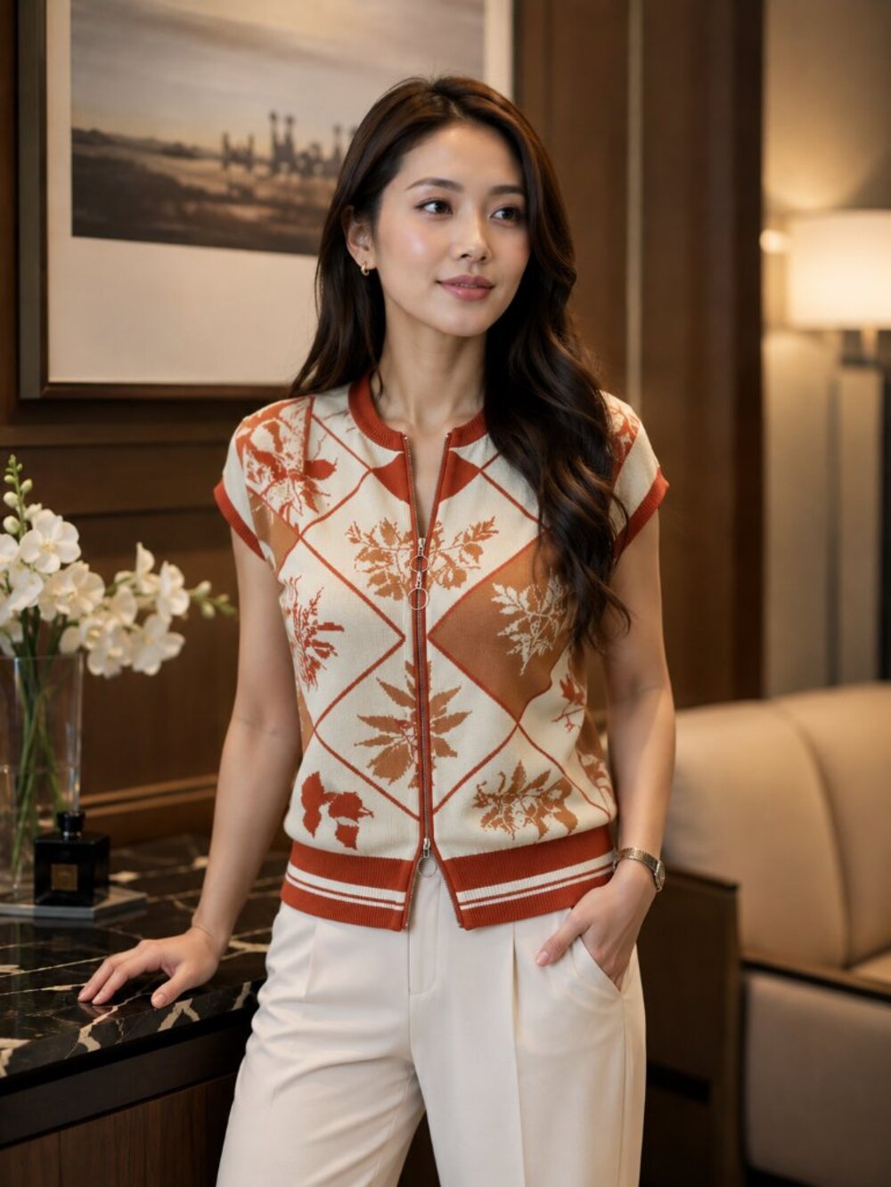 Elegant Cream & Rust Botanical Knit Zip-Front Cardigan